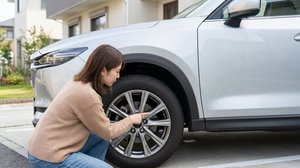 ホイールの隙間からブレーキパッドの残量を確認する様子
