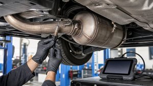 DPF周辺の排気センサーを診断機で点検する作業