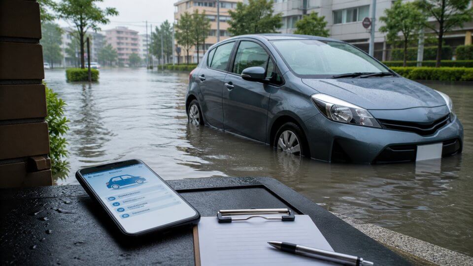 冠水した車と保険連絡や記録用のスマホとメモ