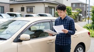 車の横で中断証明書の手続き書類を確認する様子
