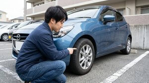 タイヤの溝や摩耗状態を点検する様子