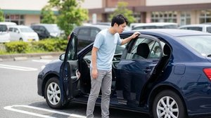 炎天下の車内に取り残しがないか確認する様子
