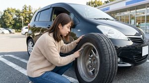ホイールの内側に貼られたバランスウェイトの確認
