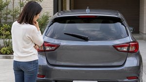 途中で止まったリアワイパーを見る運転者