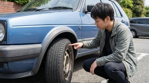 タイヤのサイドウォールや溝の状態を点検する様子