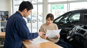 整備士から車検の見積もりや整備内容の説明を受ける様子