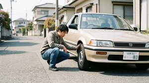 車のタイヤの状態を点検する様子