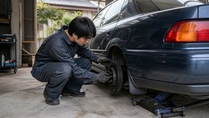 後輪のブレーキドラムを点検・整備する作業