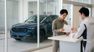 事故でへこんだネイビーのステーションワゴンとそれを見る男性