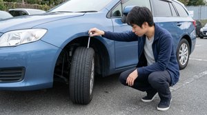 タイヤとフェンダーの隙間をメジャーで測定する作業