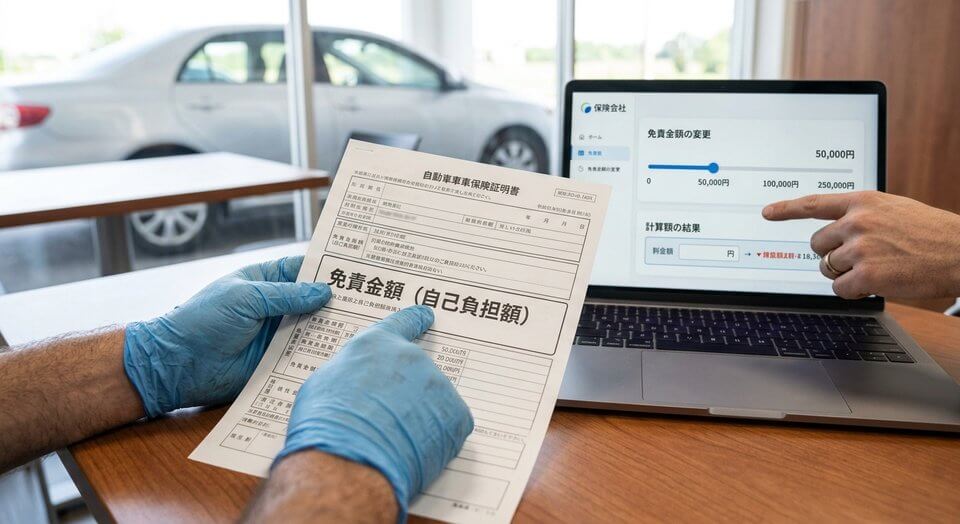 自動車保険の書類とパソコン画面で免責金額を確認する場面
