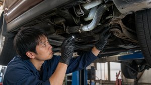 車両下回りのゴムホースや足回りブッシュの点検作業