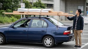 車のルーフキャリアに大きくはみ出して積載された長い木材