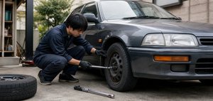 タイヤのホイールナットを工具で締め付ける作業