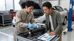 ショックアブソーバーの劣化状態を説明する整備士