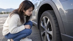 車輪の内側を確認する運転者