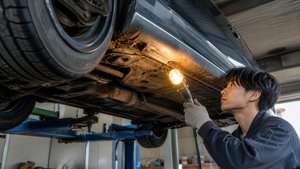 ライトで照らし車の下回りやサイドシルのサビを点検する様子
