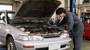 車検に向けたエンジンルームの点検作業