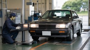 ヘッドライトテスターを用いて光軸を測定する車検検査