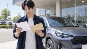 購入した車の前で税金の書類を確認