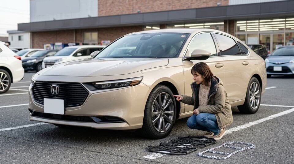 車のタイヤと地面に置かれたタイヤチェーン