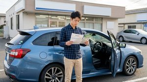 傷ついた車の前で確認する保険証券