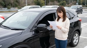 車の横で交通違反の書類を確認する女性