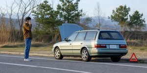 故障車の後方に三角停止板を設置して救援要請する様子