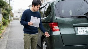 書類を手に車体の傷を確認する様子
