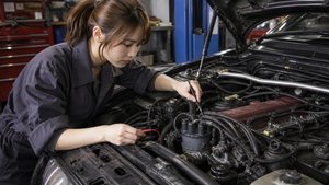 エンジンのディストリビューターをテスターで点検する様子