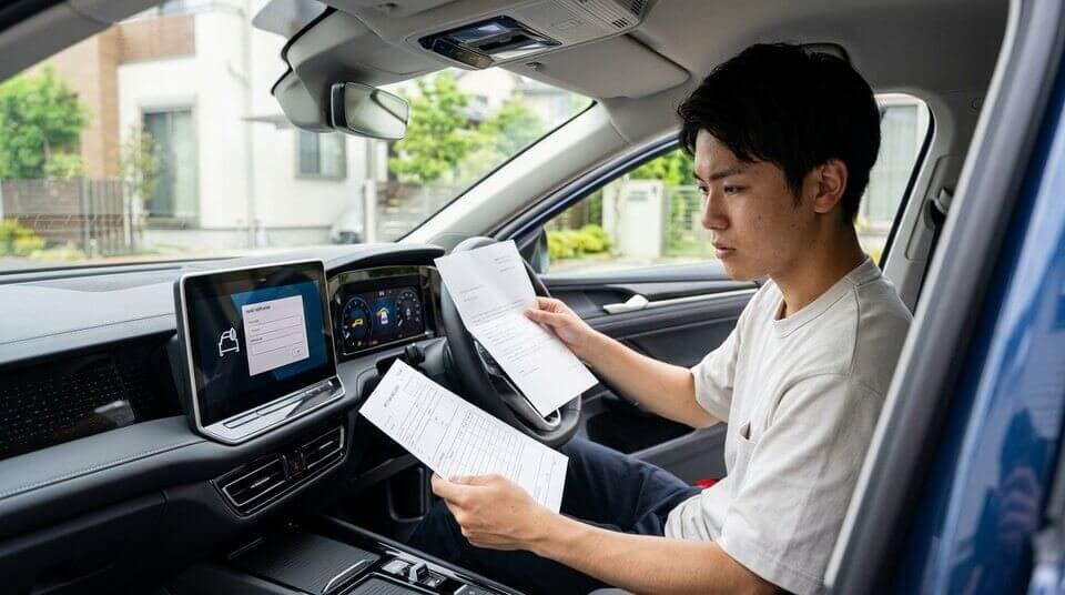 車内でリコール通知書や車両書類を確認する様子