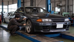 車両の車高や寸法を測定する作業