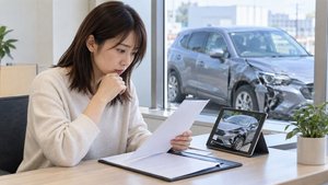 損傷した車と保険書類を確認