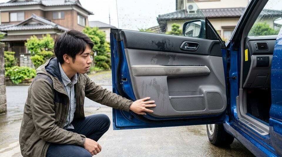 濡れたドア内側を見つめる男性
