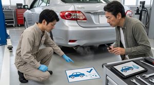マフラーから垂れた水や蒸気の状態を確認する点検作業
