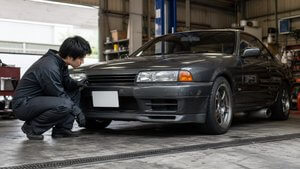 車検に向けて旧車のヘッドライトや外装を点検する整備士